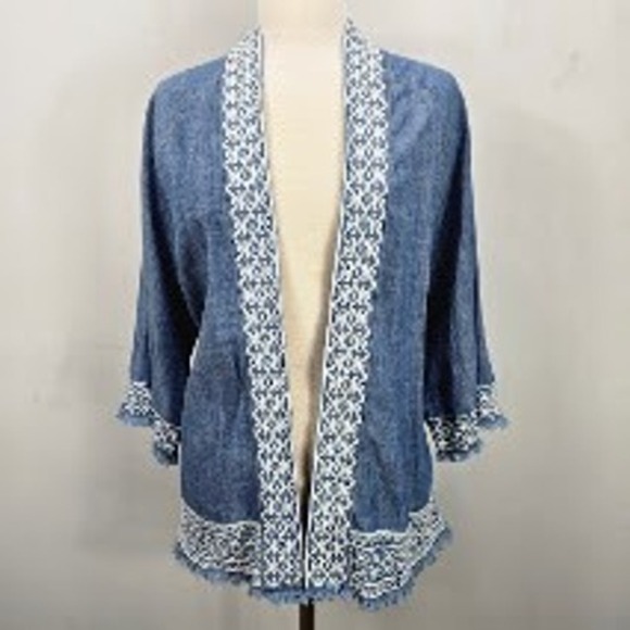Natural Reflections Sweaters - Natural Reflections Open Front Cardigan Kimono M L Chambray Embroidered Boho